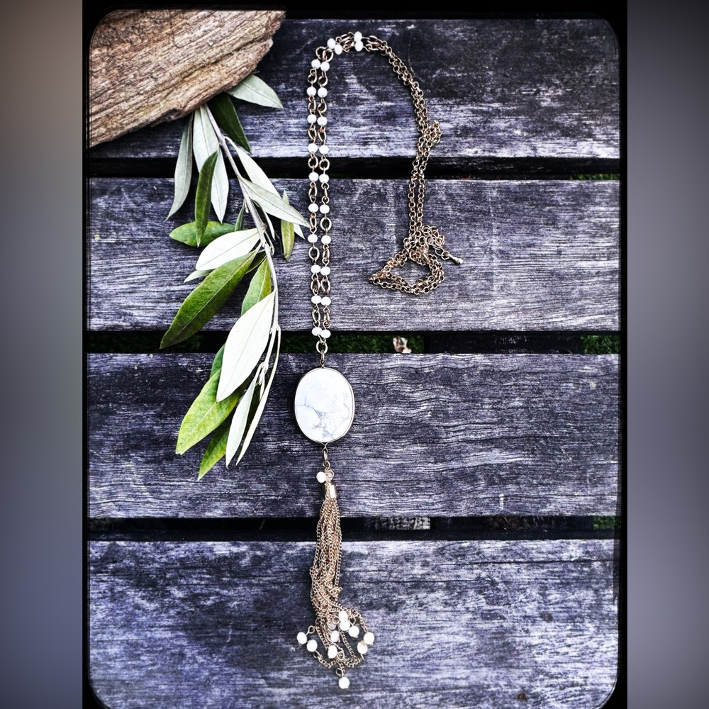 Gold Tassel Pendant Necklace with White Stone Pendant